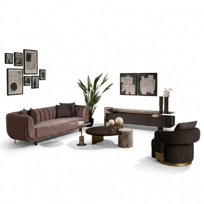 Wunnzëmmer Garnitur Sofa Fauteuil Braun Stoff Dëschset 5 Deeler RTV
