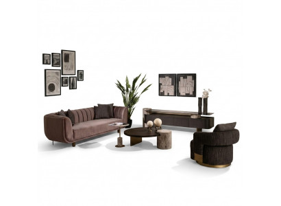 Wunnzëmmer Garnitur Sofa Fauteuil Braun Stoff Dëschset 5 Deeler RTV