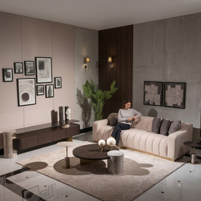 Luxus Komplett Wunnzëmmer Sofa Bäizëlltëscher 6 Deeler Stoff Beige Holz