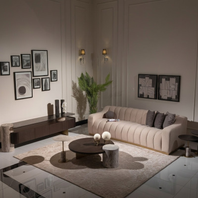 Luxus Komplett Wunnzëmmer Sofa Bäizëlltëscher 6 Deeler Stoff Beige Holz