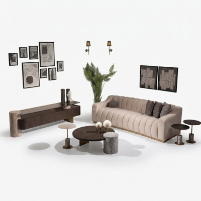 Luxus Komplett Wunnzëmmer Sofa Bäizëlltëscher 6 Deeler Stoff Beige Holz