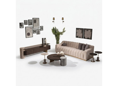 Luxus Komplett Wunnzëmmer Sofa Bäizëlltëscher 6 Deeler Stoff Beige Holz