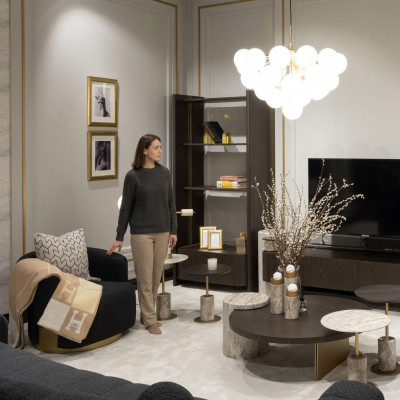 Grousst Komplett Wunnzëmmer Sessel Dëscher 7 Deeler Stoff Braun Holz Regaler