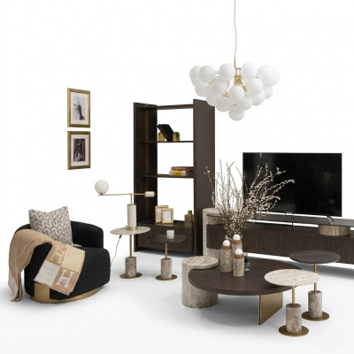 Grousst Komplett Wunnzëmmer Sessel Dëscher 7 Deeler Stoff Braun Holz Regaler