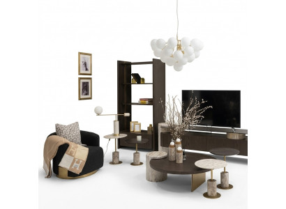 Grousst Komplett Wunnzëmmer Sessel Dëscher 7 Deeler Stoff Braun Holz Regaler