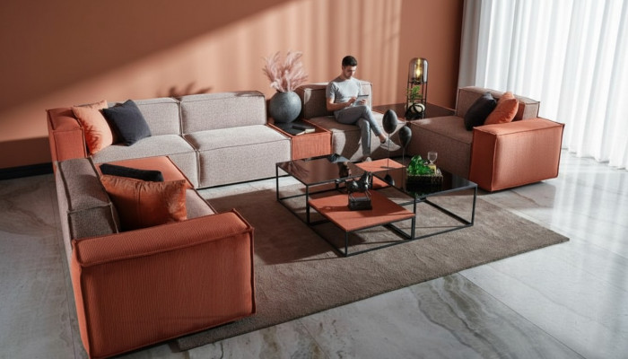 Grousst Ecksofa U-Form Stoffséi Couch Polstersofa Orange Modern Sofa