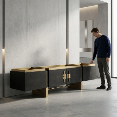 Sideboard RTV Lowboard TV Stänner Schwaarz Modernen Design Gold Holz