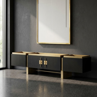 Sideboard RTV Lowboard TV Stänner Schwaarz Modernen Design Gold Holz