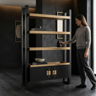 Design Schaf mat Regaler Schänk Holz Schwarz Gold Holzschaf