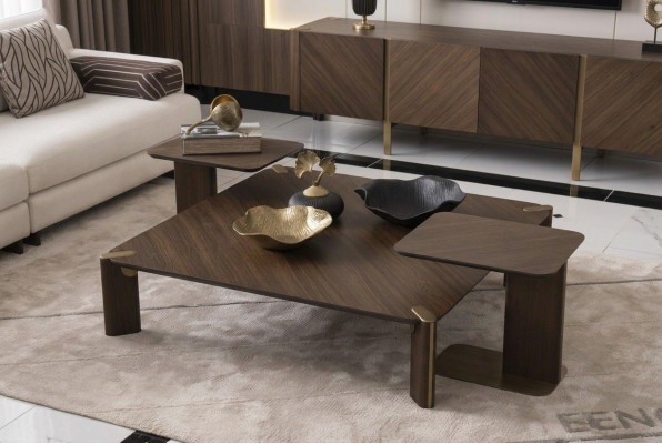 Grupp 3tlg Couchdësch Niewendëscher Kaffisdësch Braun Holz Set Dësch