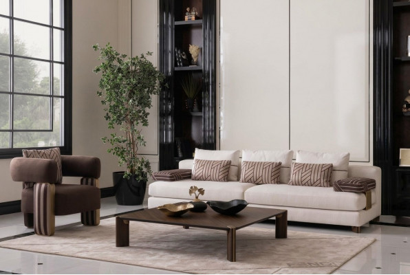 Komplett Canapé Garnitur Sofa Fauteuil Braun Stoffssofa Polstersofa Dësch