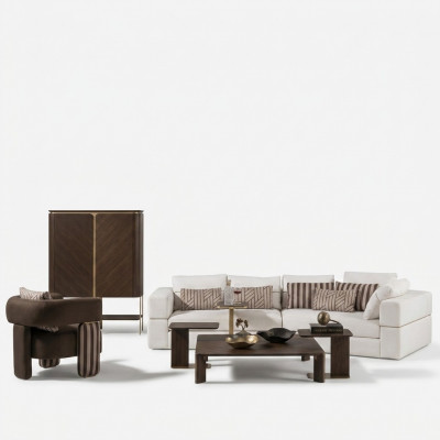 Wunnzëmmer Garnitur Eckcouch Stoffcouch Sessel Couchtisch Set 6stéck Braun