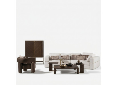 Wunnzëmmer Garnitur Eckcouch Stoffcouch Sessel Couchtisch Set 6stéck Braun