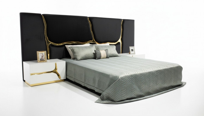 Schlofzëmmer Garnitur Duebelbett Luxus Bett Nuetsdëscher Modern Schwaarz