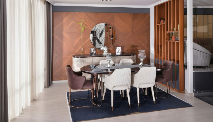 Iesszëmmer Iessgrupp Iesseck Luxus Iessdësch Still Beige Set 9 Stécker Holz