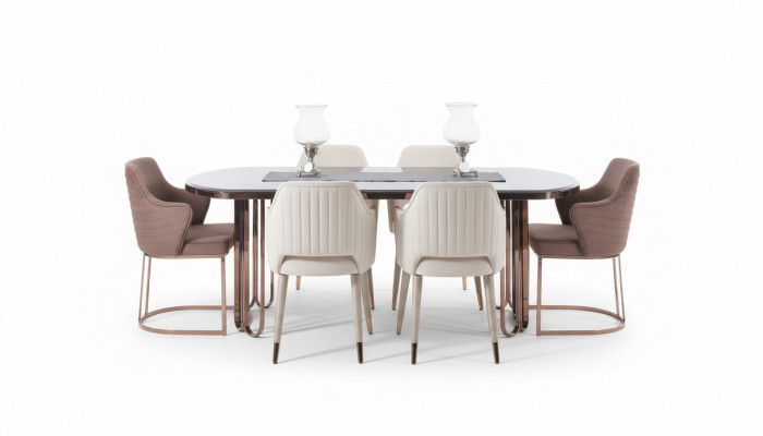 Iesszëmmer Iessgrupp Iesseck Luxus Iessdësch Still Beige Set 9 Stécker Holz