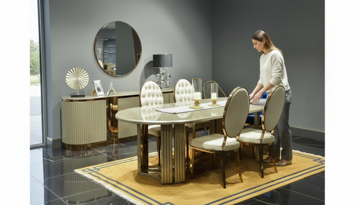 Luxus Iesszëmmer Iessgrupp Iesseck Iessdësch Still Beige Set 9 Deeler Holz