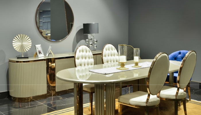 Luxus Iesszëmmer Iessgrupp Iesseck Iessdësch Still Beige Set 9 Deeler Holz