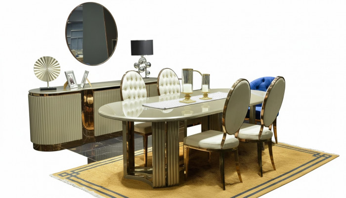 Luxus Iesszëmmer Iessgrupp Iesseck Iessdësch Still Beige Set 9 Deeler Holz