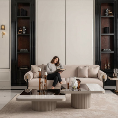 Setzgrupp Wohnzimmer Canapé 3 Sëtzer Stoffkanapé Beige Couchtischen 4-deel Legion.