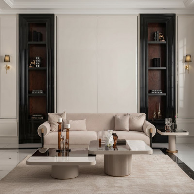 Setzgrupp Wohnzimmer Canapé 3 Sëtzer Stoffkanapé Beige Couchtischen 4-deel Legion.