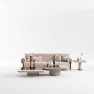 Setzgrupp Wohnzimmer Canapé 3 Sëtzer Stoffkanapé Beige Couchtischen 4-deel Legion.