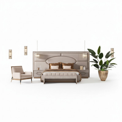 Luxus Schlofzëmmer Set Duebelbett Nuetsdëscher Set 5 Stéck Beige Sëtz