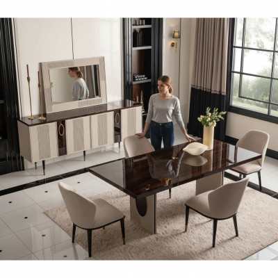 Iessck Eck-Iesszëmmer Iessgrupp Luxus-Iessdësch Still Beige Holz Set 7 Deeler