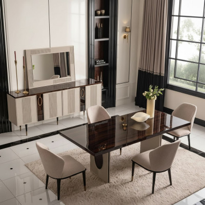 Iessck Eck-Iesszëmmer Iessgrupp Luxus-Iessdësch Still Beige Holz Set 7 Deeler