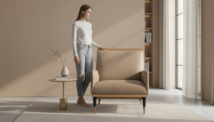 Sesselle vun engem Sëtz, Luxus Clubsessell, beige Kënschtlecher Lieder, Wunnzëmmer.