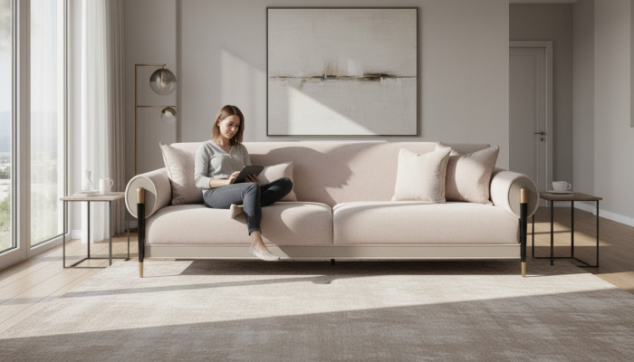 Dräisëtzer Stoffcouch Sofa 3 Sëtz Plüschcouch Modernen Design Beige Nei