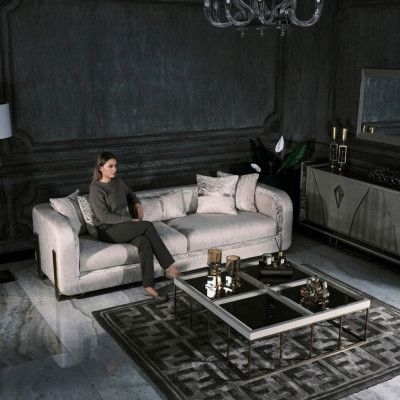 Drësëtzer Canapé 3 Sëtz Dësch Gray Polstersofa Stoffsofa Set 2-Deeler