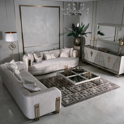 Wunnzëmmer Komplett Couch Garnitur Dräisëtzer Stoffsofa Set 6-Deeler Grouss