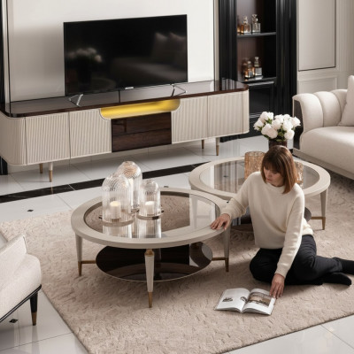 Grupp Sofadësch Beistelltëscher Set 2tlg Kaffisdëscher Beige Holz