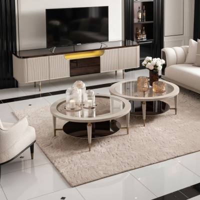 Grupp Sofadësch Beistelltëscher Set 2tlg Kaffisdëscher Beige Holz