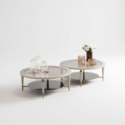 Grupp Sofadësch Beistelltëscher Set 2tlg Kaffisdëscher Beige Holz
