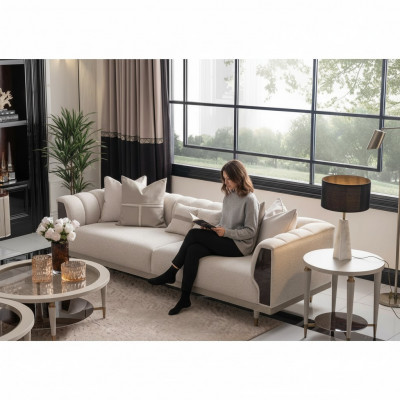Dräisëtzer Sofa 3 Sëtzer Couchtische Beige Stoffsëdet Set 3tlg Garnitur
