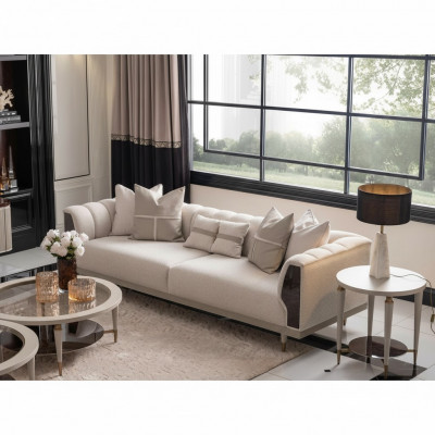 Dräisëtzer Sofa 3 Sëtzer Couchtische Beige Stoffsëdet Set 3tlg Garnitur