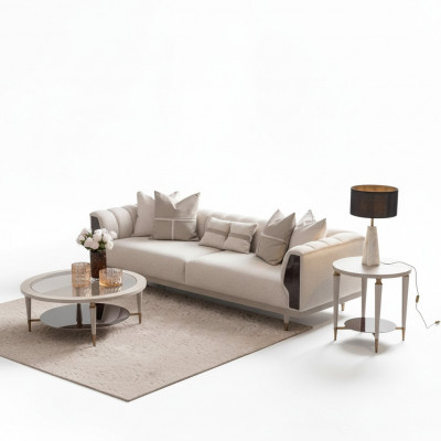 Dräisëtzer Sofa 3 Sëtzer Couchtische Beige Stoffsëdet Set 3tlg Garnitur