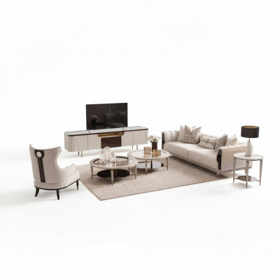 Wunnzëmmer Grupp, Dräisëtzer, Still, Stoffcanapé 6-Deeler, Beige, Dëschléin