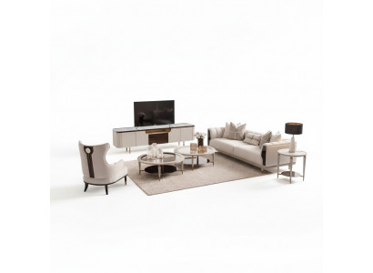 Wunnzëmmer Grupp, Dräisëtzer, Still, Stoffcanapé 6-Deeler, Beige, Dëschléin