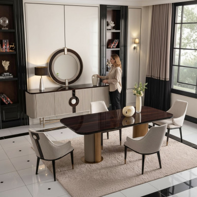 Iesswénkel, Iesszëmmer, Iessgrupp, Luxus Iessdësch, Still, Beige Holz Set, 9 Deeler.