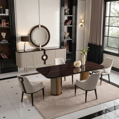 Iesswénkel, Iesszëmmer, Iessgrupp, Luxus Iessdësch, Still, Beige Holz Set, 9 Deeler.