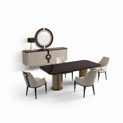 Iesswénkel, Iesszëmmer, Iessgrupp, Luxus Iessdësch, Still, Beige Holz Set, 9 Deeler.