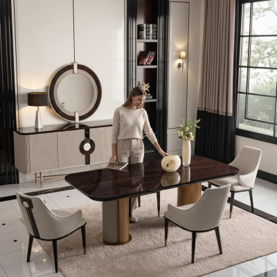 Luxus-Iessgrupp Iesszëmmer Iessdësch Iesseck Still Beige Holz Set 7stéckeg