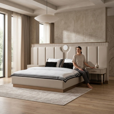 Schlofzëmmer Garnitur Duebelbett Bett Nuechten Kabinetter Set 3 Deeler Beige Stoff