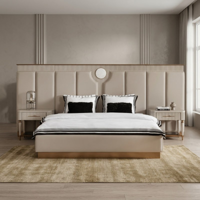 Schlofzëmmer Garnitur Duebelbett Bett Nuechten Kabinetter Set 3 Deeler Beige Stoff