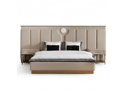 Schlofzëmmer Garnitur Duebelbett Bett Nuechten Kabinetter Set 3 Deeler Beige Stoff