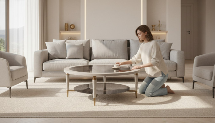 Setzdaach Niewendaach Kaffisdësch Sofadësch Glas Wunnzëmmer Beige