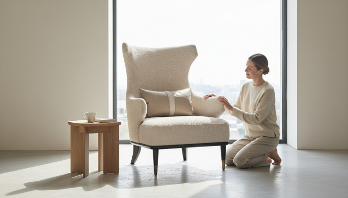 Luxuriéis moderne Oueresessel Sessel Eenzelsëtz Luxus Beige Stoff Modern Wunnzëmmer